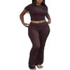 AYWA Women's 2 Piece Lounge Sets Short Sleeve Crop Top Foldover Flare Pants Casual Pajama Outfits (Cocoa, Medium) view 1