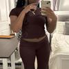 AYWA Women's 2 Piece Lounge Sets Short Sleeve Crop Top Foldover Flare Pants Casual Pajama Outfits (Cocoa, Medium) view 2