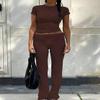 AYWA Women's 2 Piece Lounge Sets Short Sleeve Crop Top Foldover Flare Pants Casual Pajama Outfits (Cocoa, Medium) view 4