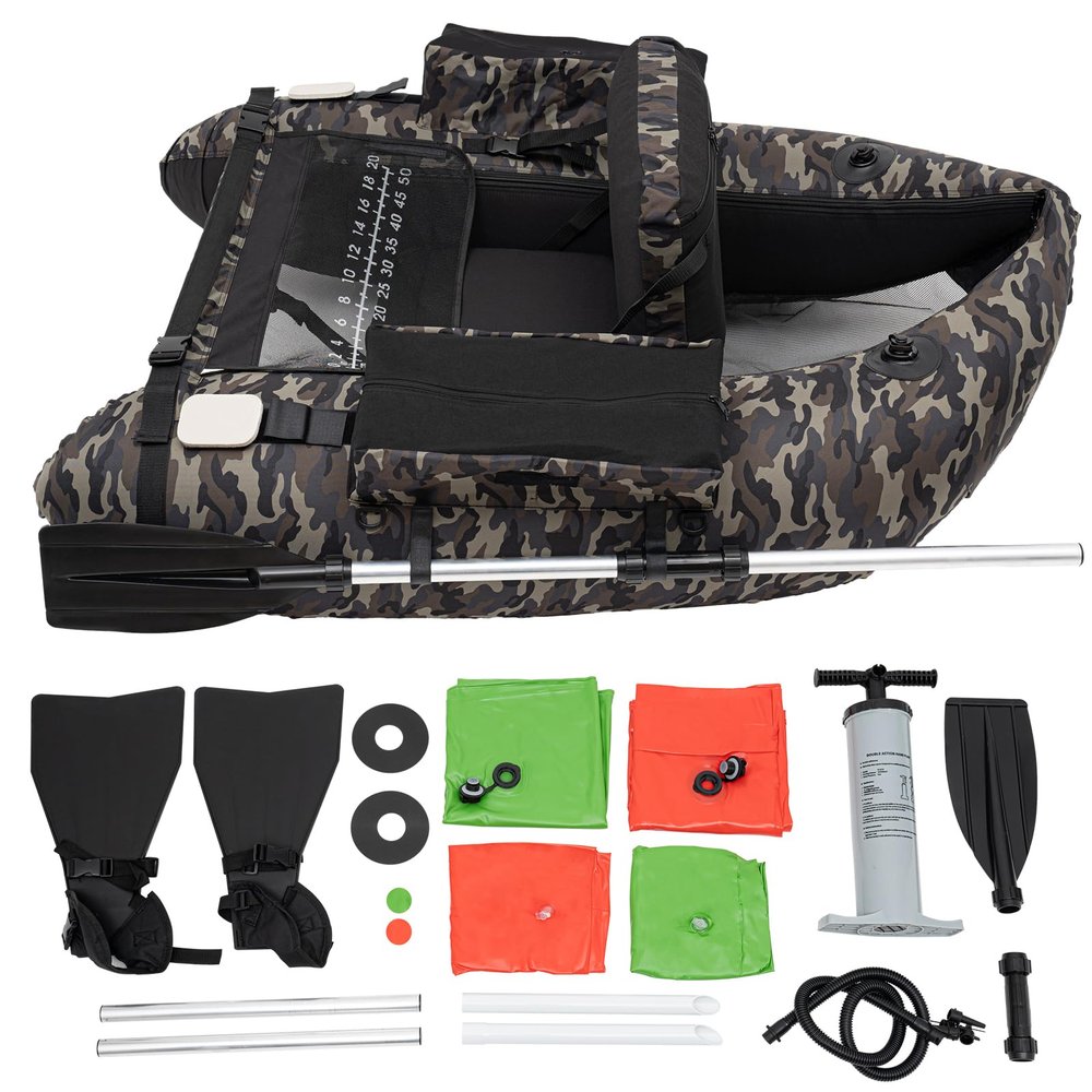 Inflatable Fishing Boat Belly Boat Fishing Float Tube with Storage Pockets, Adjustable Straps & Bracket for trolling Motor, Loading Capacity 286.6LBS (Camouflage)