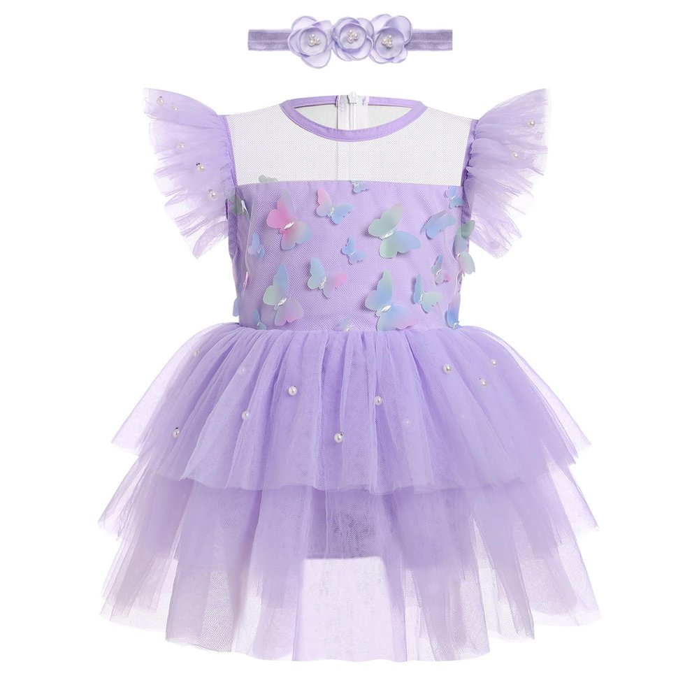 Butterfly Dresses for Girls: Kids Girls Birthday Party Dress Flutter Sleeve Floral Tiered Tutu Princess Dress and Headband 2PCS Pageant Dance Tea Party Dress Purple-Butterfly 18-24 Months