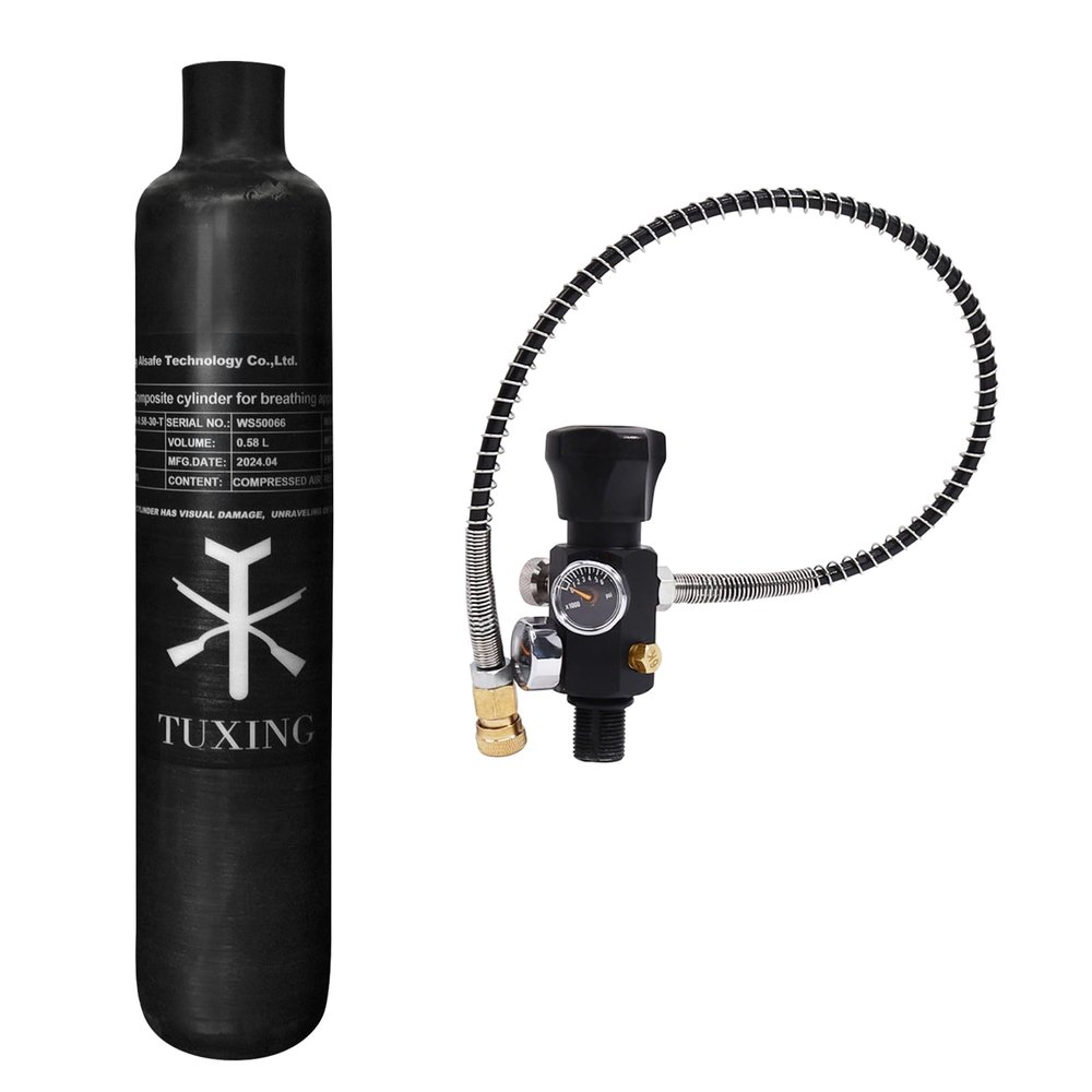 TUXING Carbon Fiber air Tank, 0.58L/4500Psi, CE Approved, PCP Paintball Compressed air System with Regulator Valve (Empty Bottle) (Double Gauge Set) (air Tank Regulator and Valve Gauge)