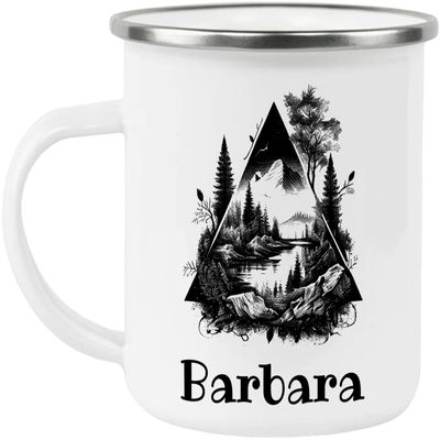 Barbara Adventure Awaits Custom Name Enamel Campfire Mug, Mountain Camping Coffee Cup, Nature Outdoor Personalized - White - One size