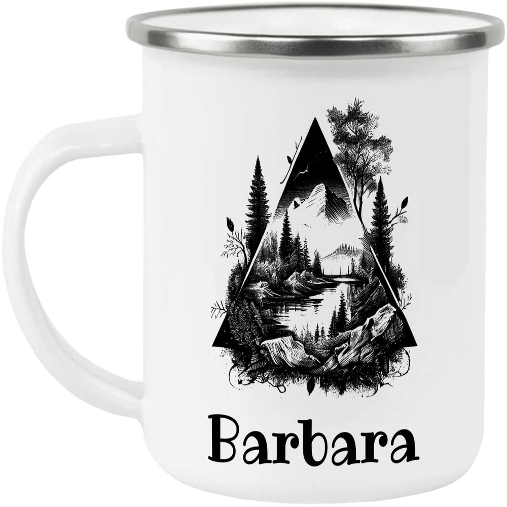 Barbara Adventure Awaits Custom Name Enamel Campfire Mug, Mountain Camping Coffee Cup, Nature Outdoor Personalized - White - One size
