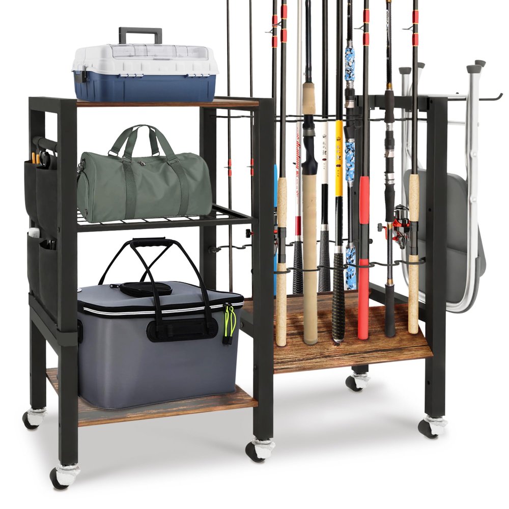 BELLO YON 3 Tier Fishing Rod Holder, Fishing Pole Rack for Garage, Fishing Gear Tackle Box Fishing Equipment Organizers, Fishing Rod Tackle Cart Storage Up to 12 rods
