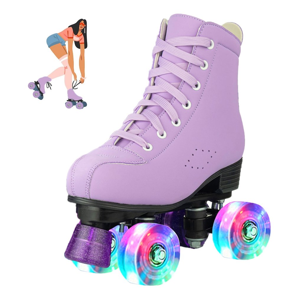 jessie Girls Roller Skates for Women, Microfiber Leather and Flash Wheels Purple Roller Skates Girls Ages 6-12 for Beginner Indoor Outdoor (Youth 3.5)