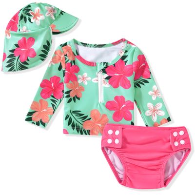 3 Month Baby Girl Rash Guard 2 Piece Swimsuit Set Infant Long Sleeve Floral Bathing Suit with Hat Flower Swimming Beach Wear 3-6 Months