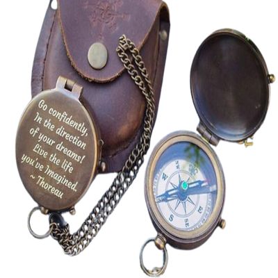 Vintage Brass Poem Engraved Compass with Leather Carry Case & Chainmail Nautical Push Open Pocket Compass for Traveling Camping Tool