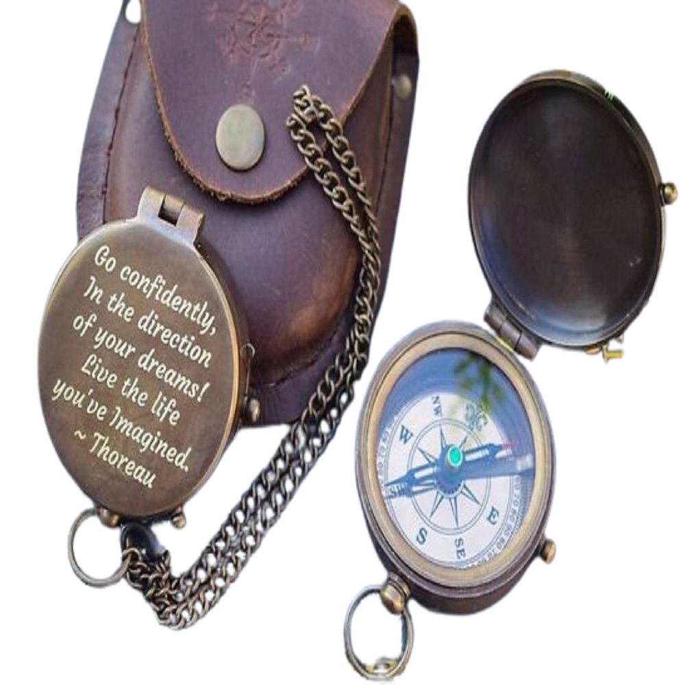 Vintage Brass Poem Engraved Compass with Leather Carry Case & Chainmail Nautical Push Open Pocket Compass for Traveling Camping Tool