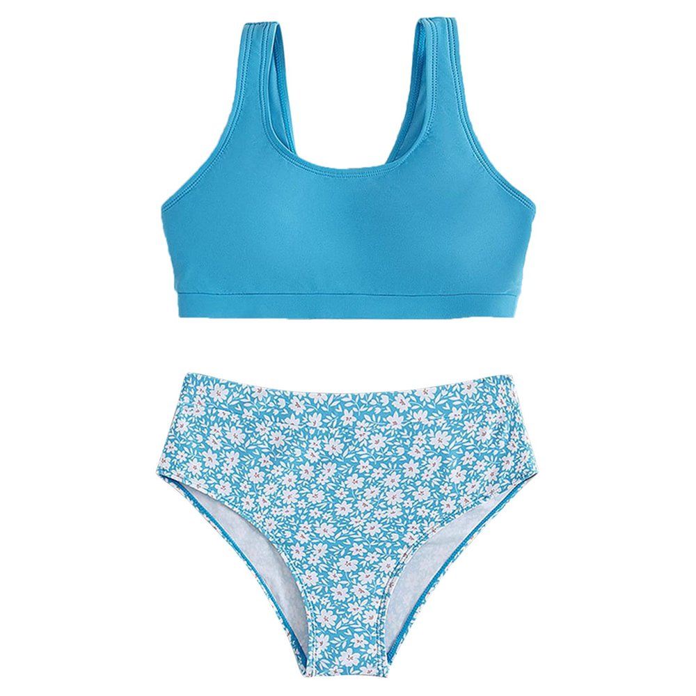 Girls Two Piece Sports Bikini Athletic Swimsuits Racerback Crop Top with Bottom Floral Bathing Suits (Blue, 8-9 Years)