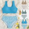 Girls Two Piece Sports Bikini Athletic Swimsuits Racerback Crop Top with Bottom Floral Bathing Suits (Blue, 8-9 Years) view 3