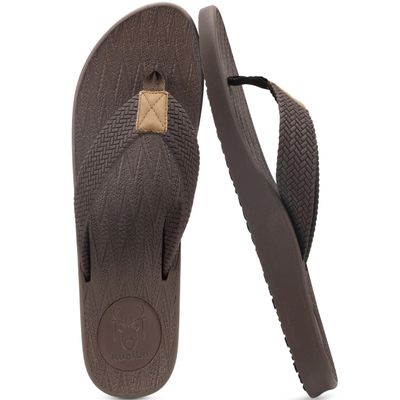 KuaiLu Mens Flip Flops Arch Support Comfortable Cushion Memory Foam Recovery Walking Waterproof Leather Thong Sandals Orthotic Plantar Fasciitis Summer Casual Beach Pool Slip on Slippers Brown Size 10