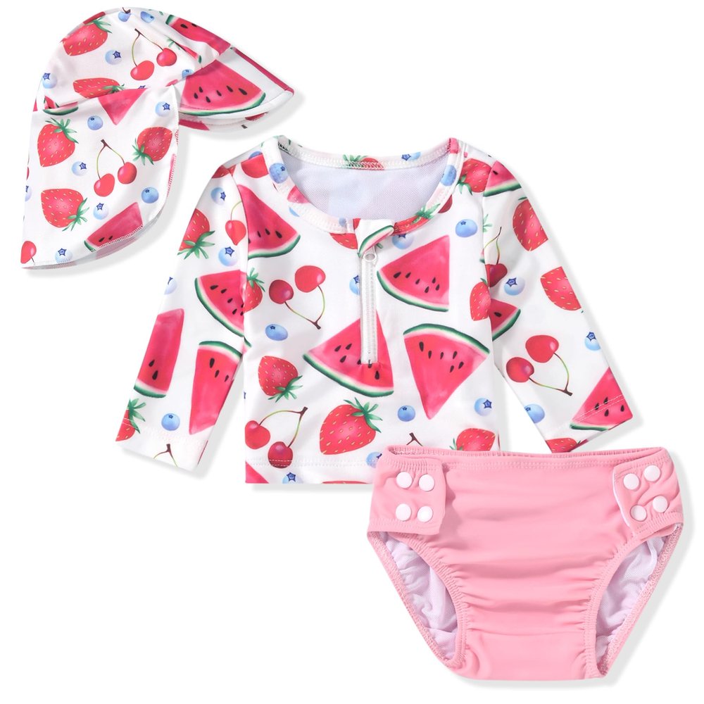 3 Month Baby Girl Rash Guard 2 Piece Swimsuit Set Infant Long Sleeve Watermelon Strawberry Bathing Suit with Hat Cherry Swimming Beach Wear 3-6 Months