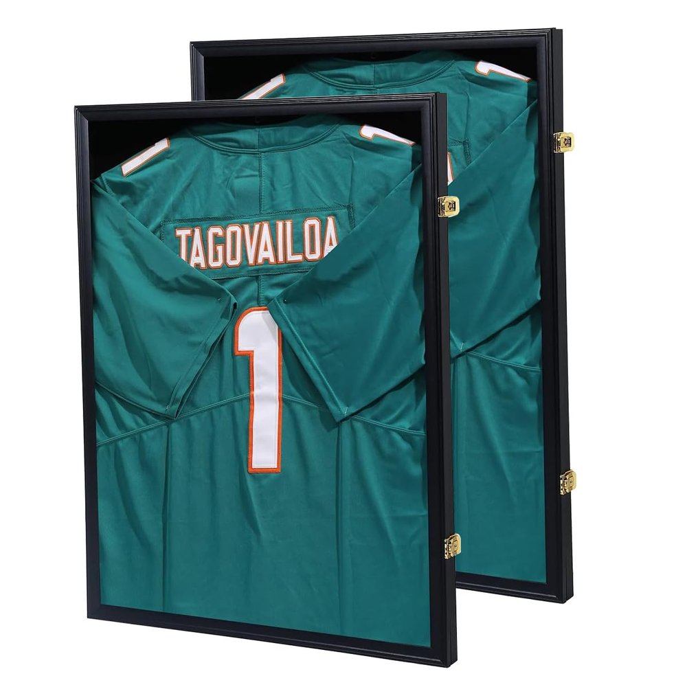 JDECO Jersey Frame Display Case 2 Pack, Lockable Jersey Shadow Box with UV Protection Acrylic and Hanger for Baseball Basketball Football Soccer Hockey Sport Shirt and Uniform, Black