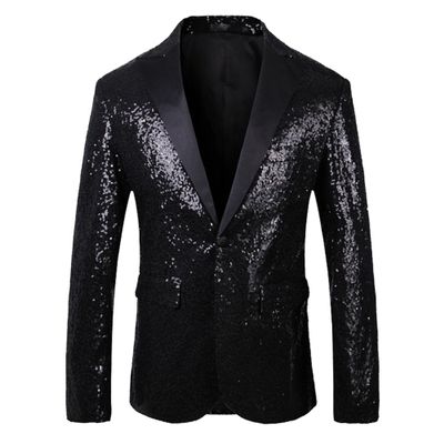 JEsilunmaMY Mens Shiny Sequin Performance Suit Jacket Peaked Lapel Tuxedo Sport Coat Blazer Jacket for Wedding Prom Dinner (Black,60)