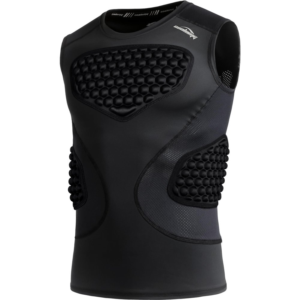 COOLOMG Mens Padded Compression Shirts Baseball Chest Rib Protector Football Rugby Softball Heart Sternum Guard Black S