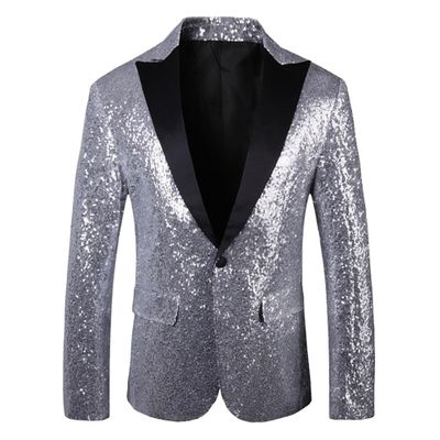 JEsilunmaMY Mens Shiny Sequin Performance Suit Jacket Peaked Lapel Tuxedo Sport Coat Blazer Jacket for Wedding Prom Dinner (Silver,56)