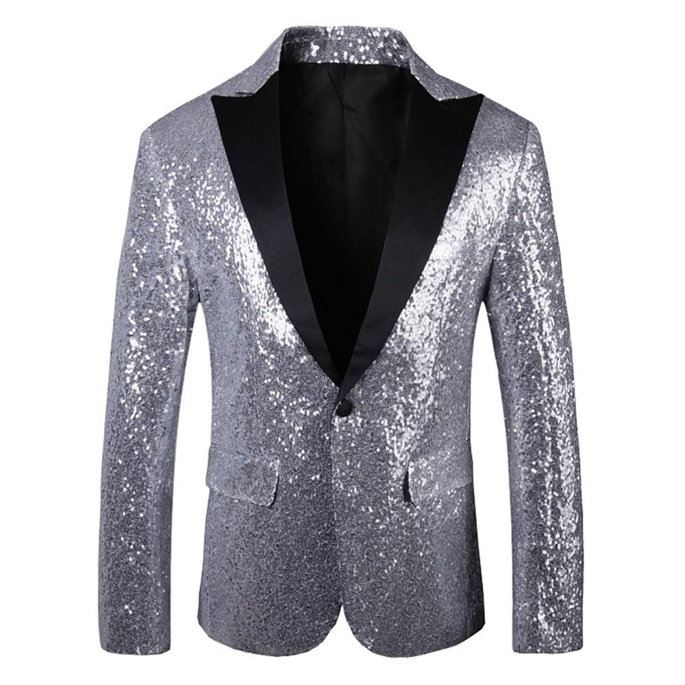 JEsilunmaMY Mens Shiny Sequin Performance Suit Jacket Peaked Lapel Tuxedo Sport Coat Blazer Jacket for Wedding Prom Dinner (Silver,56)