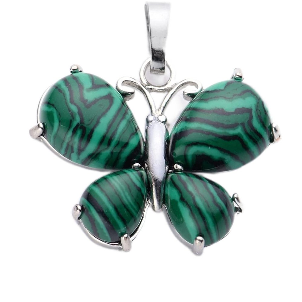 AMAZWI Natural quartz 1pc butterfly formed pendant amethyst natural crystals tiger eye geman opal artificial stone for women gift necklace jewelry (Size : Malachite)