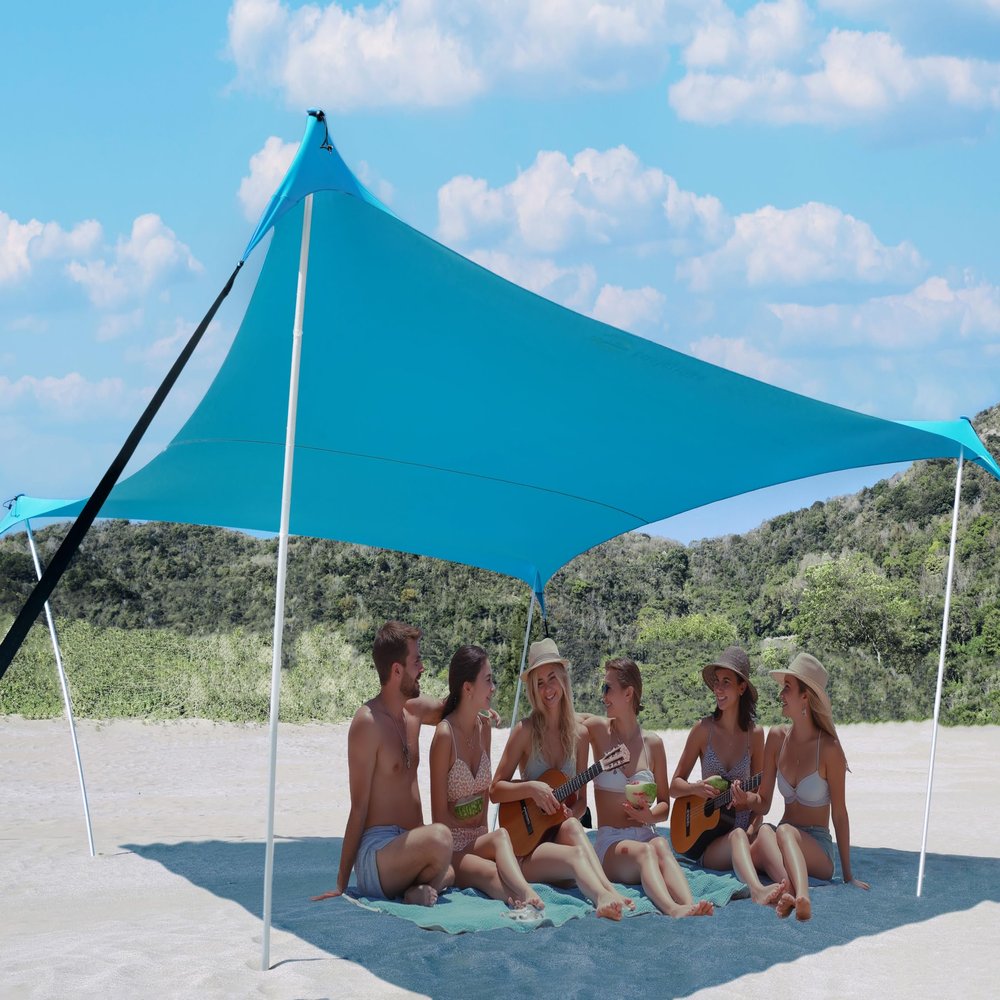 BESTSET 1010ft UPF50+ Beach Tent Sun Shelter, Windproof Stable Outdoor Pop Up Beach Shade Canopy for Camping, Fishing, Backyard Fun or Picnics, 4 Poles