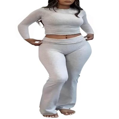 AYWA Women's 2 Piece Outfits Foldover Flare Pants Long Sleeve Crew Neck T-shirt Fitted Pajama Sets (Light Heather Grey, Large)