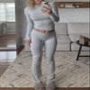 AYWA Women's 2 Piece Outfits Foldover Flare Pants Long Sleeve Crew Neck T-shirt Fitted Pajama Sets (Light Heather Grey, Large) view 2