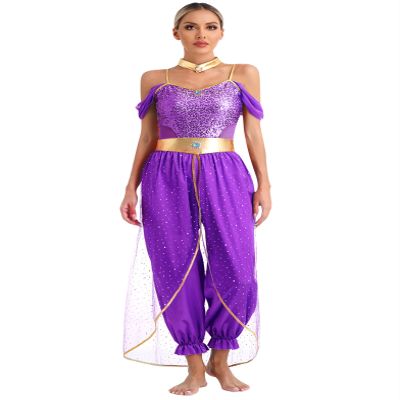 Rswnyirn Women's Arabian Princess Costume Fairy Tale Cosplay Jumpsuits Dance Harem Pants Fancy Dress Purple 4X-Large
