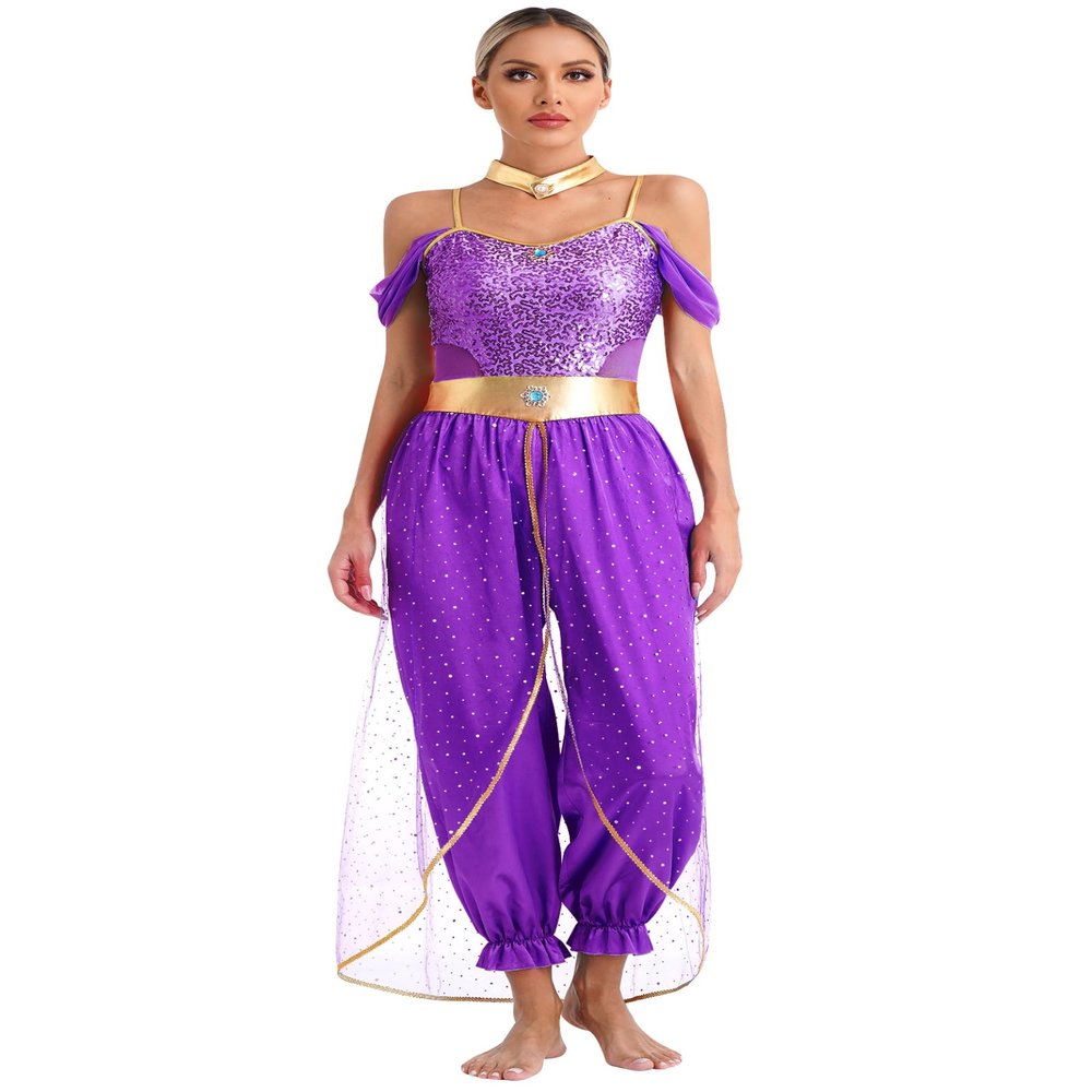 Rswnyirn Women's Arabian Princess Costume Fairy Tale Cosplay Jumpsuits Dance Harem Pants Fancy Dress Purple 4X-Large