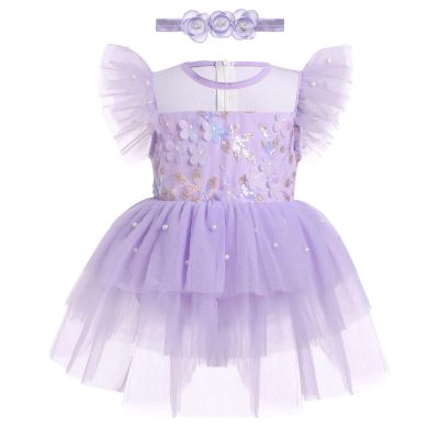 Baby Girls Birthday Party Dress: Princess Flutter Sleeve 3D Flower Sequin Tutu Dress with Headband Wedding Dance Cake Smash Photo Shoot Outfit Summer Sundress Purple-Flower 18-24 Months