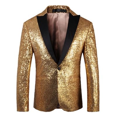 JEsilunmaMY Mens Shiny Sequin Performance Suit Jacket Peaked Lapel Tuxedo Sport Coat Blazer Jacket for Wedding Prom Dinner (Gold,50)