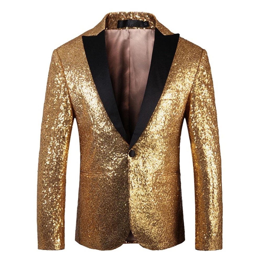 JEsilunmaMY Mens Shiny Sequin Performance Suit Jacket Peaked Lapel Tuxedo Sport Coat Blazer Jacket for Wedding Prom Dinner (Gold,50)