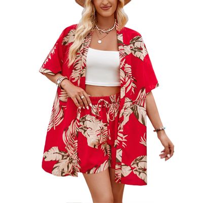 bbpawing Women's 2 Piece Outfits Floral Kimono Cardigans Cover Up and High Waisted Shorts Set