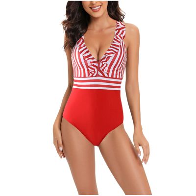 Women's Tummy Control Swimsuits Slimming Cute Athletic One Piece High Cut Bathing Suit Ruffle V Neck Modest Swimwear Red