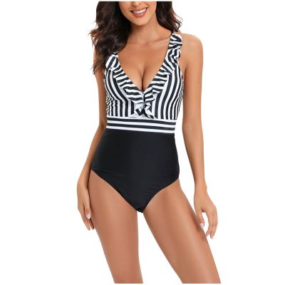 Women's Tummy Control Swimsuits Slimming Cute Athletic One Piece High Cut Bathing Suit Ruffle V Neck Modest Swimwear Black