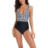 Women's Tummy Control Swimsuits Slimming Cute Athletic One Piece High Cut Bathing Suit Ruffle V Neck Modest Swimwear Black view 2