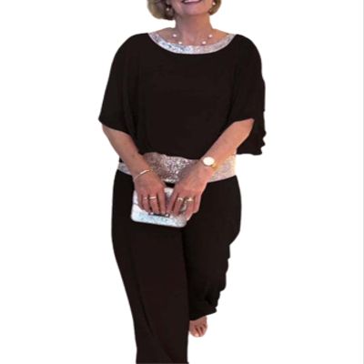Black Pants Sets for Womens 2 Piece Outfits Sequin Flowy Hem Tops Wide Leg Pant Suiting Casual Loose Crew Neck Half Seleeve Plus Size Pantsuit