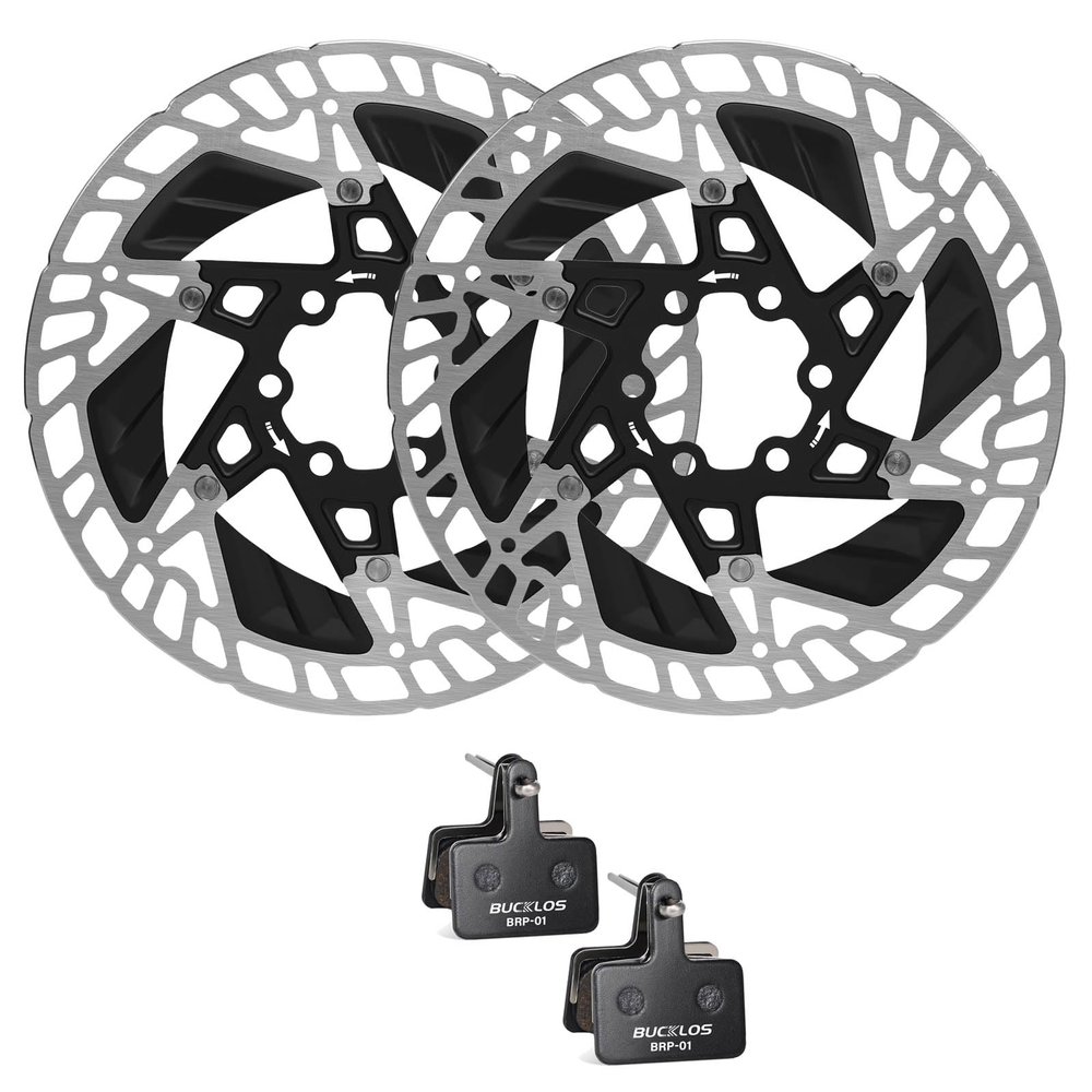 BUCKLOS 160mm Black Floating Bike Disc Brake Rotor with Heat Dissipation Fins Stainless Steel Aluminum Alloy Disc Brakes Rotors and 2 Pairs Bike Brake Pads for TRP Tektro Shimano Deore Br-M575 M525 M