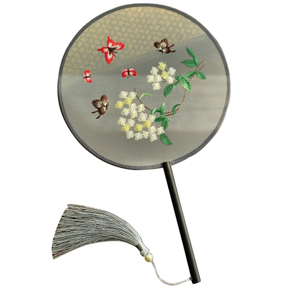 VIGANI Chinese Style Hand Fan,Round Fan, Chinese Style Summer Handheld Round Fan, Embroidered Beautiful Pattern Translucent Hand Fan, Butterflies and Flowers
