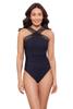 Aqua Green Women's Full Coverage Novelty Trim High Criss Cross Neck One Piece Swimsuit, True Navy, X-Large view 1
