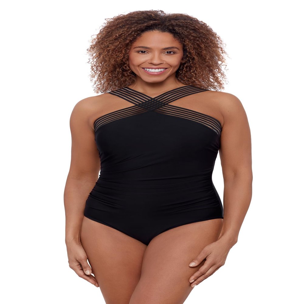 Aqua Green Women's Full Coverage Novelty Trim High Criss Cross Neck One Piece Swimsuit, Black, 1X