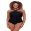 Aqua Green Women's Full Coverage Novelty Trim High Criss Cross Neck One Piece Swimsuit, Black, 1X view 1