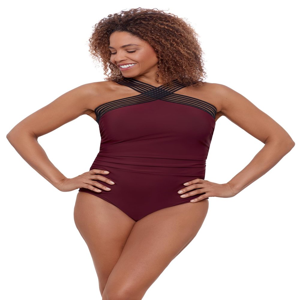 Aqua Green Women's Full Coverage Novelty Trim High Criss Cross Neck One Piece Swimsuit, Currant, 2X