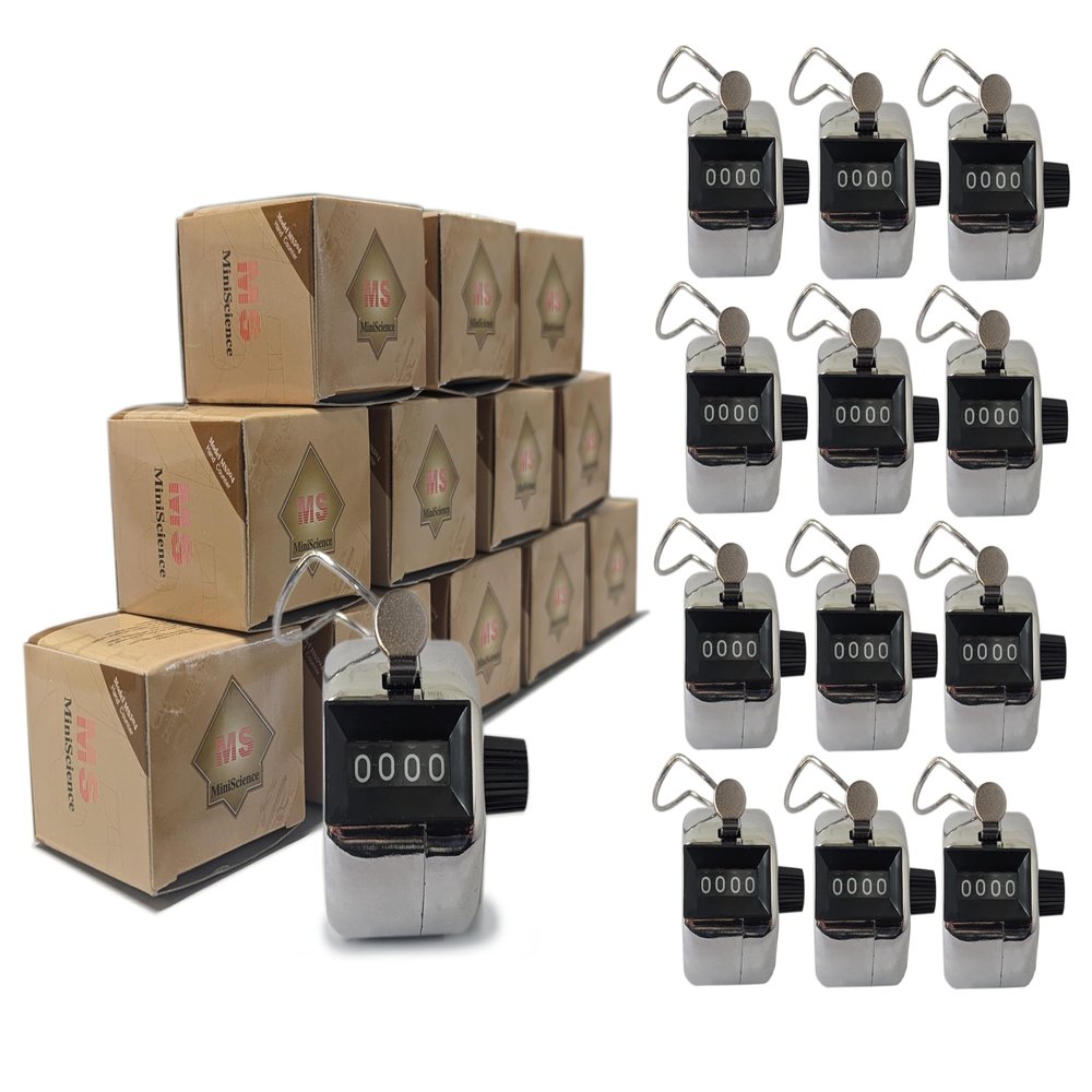MINISCIENCE.COM 12 Pack MS504 Precision Hand Tally Counter - Durable, Ergonomic & Accurate Counting Device for Inventory, Events, and More 12 Pack, Metallic Silver