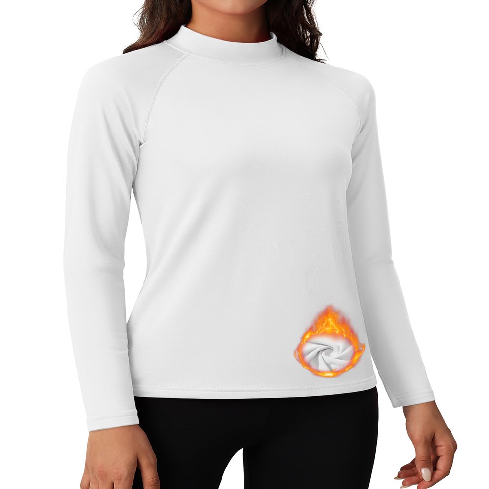 MAGCOMSEN Womens Thermal Underwear Mock Neck Long Sleeve Fleece Lined Shirt Workout Tops Cold Weather Base Layer White L