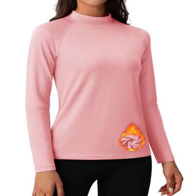 MAGCOMSEN Women's Fleece Tops Thermal Undershirt Fitted Workout Long Sleeve Shirt Mock Neck Athletic Lightweight Base Layer Pink XL