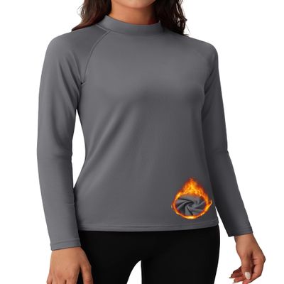MAGCOMSEN Womens Long Sleeve Thermal Shirt Mock Turtleneck Winter Top Moisture Wicking Athletic Base Layer Workout Shirts Grey S