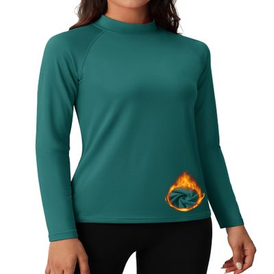 MAGCOMSEN Fleece Lined Tops for Women Thermal Mock Turtleneck Athletic Long Sleeve Shirt Lightweight Thermals Undershirt Green L