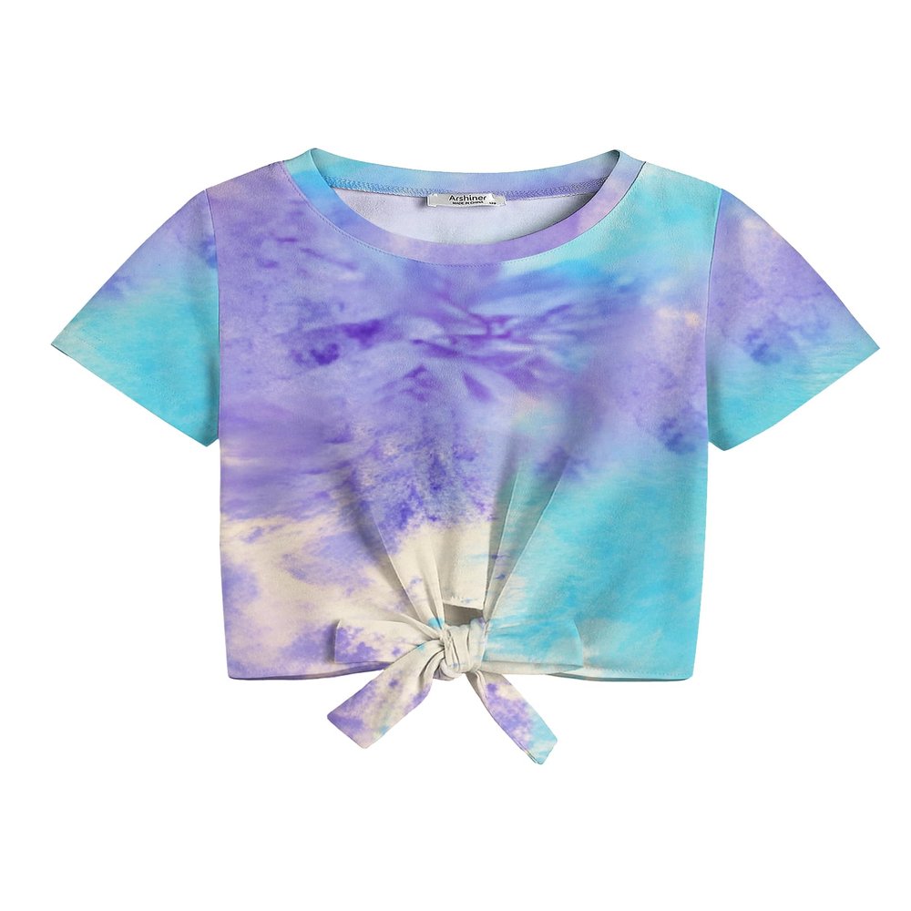 Arshiner Girls Crop Top with Tie Knot Front Short Sleeve Tie Dye Shirt - Loose Round Neck Top 6t