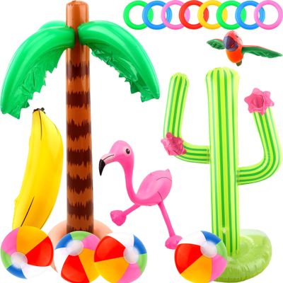 Cotiny 18 Pack Inflatable Palm Tree Cactus Ring Toss Beach Ball Parrot Banana for Hawaiian Party Decor and Beach Toys