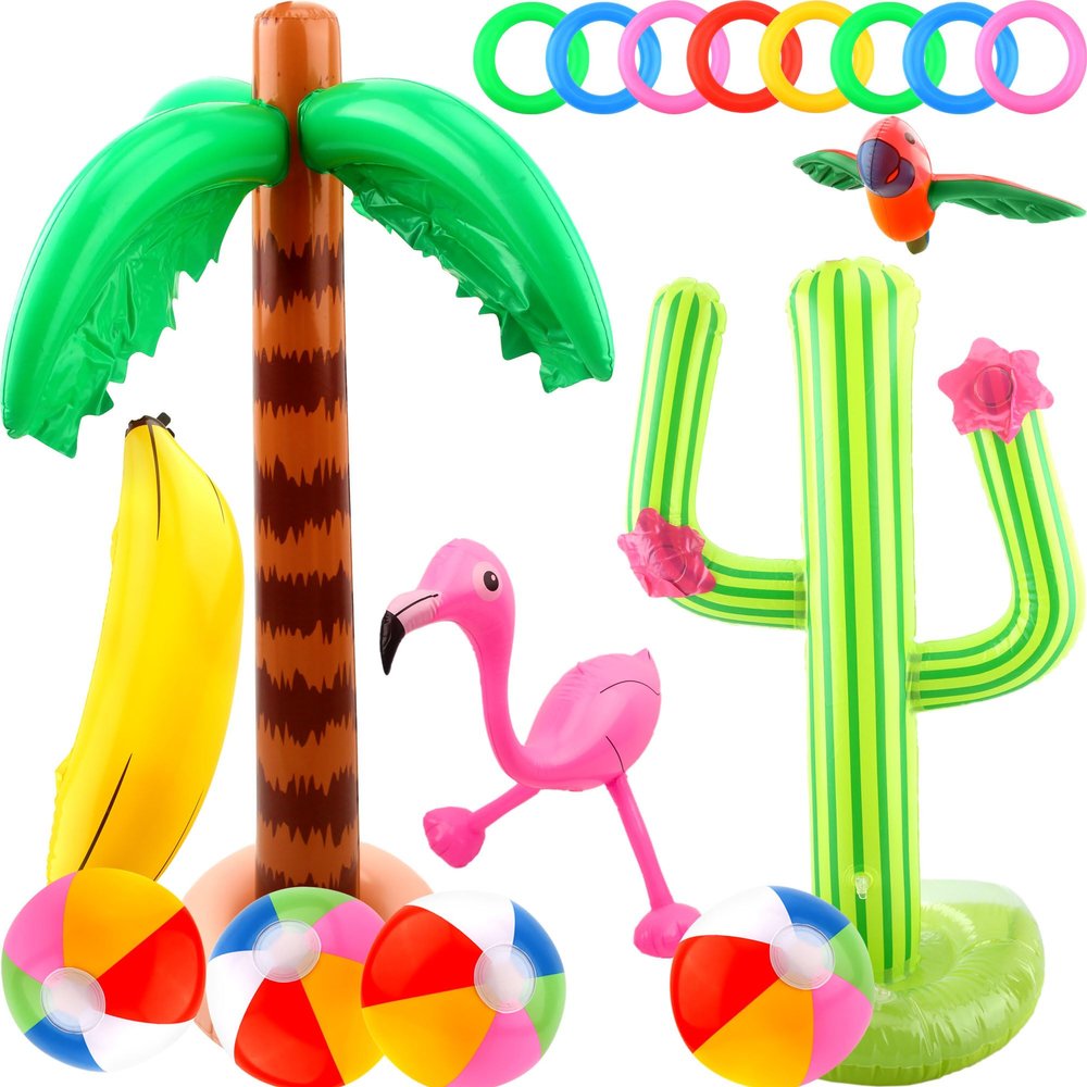 Cotiny 18 Pack Inflatable Palm Tree Cactus Ring Toss Beach Ball Parrot Banana for Hawaiian Party Decor and Beach Toys